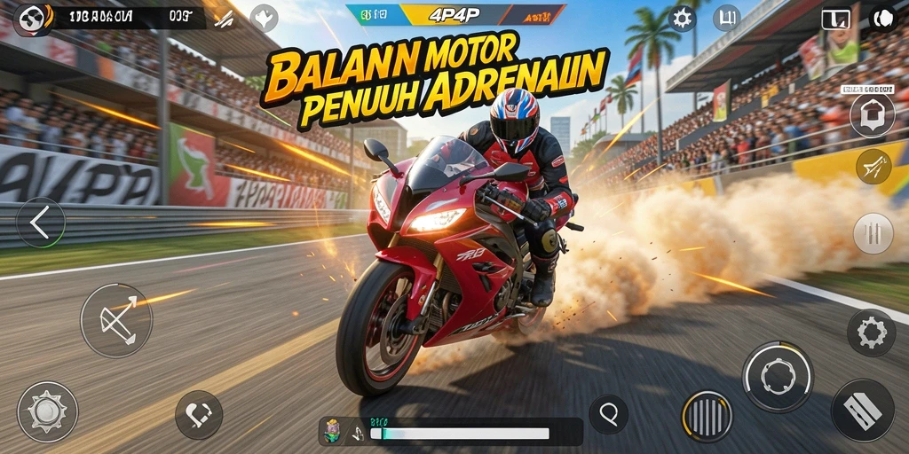 Gameplay 4P4P menampilkan balapan motor yang mendebarkan dan kompetitif.