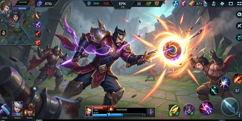 Screenshot gameplay MOBA 8768 dengan pertarungan intens.