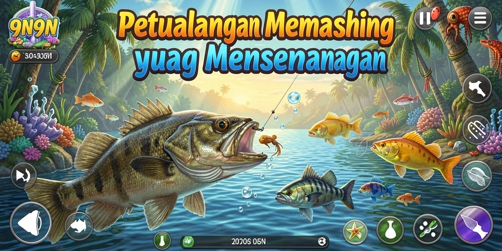 Screenshot gameplay 9N9N menampilkan aktivitas memancing yang seru dan penuh warna.