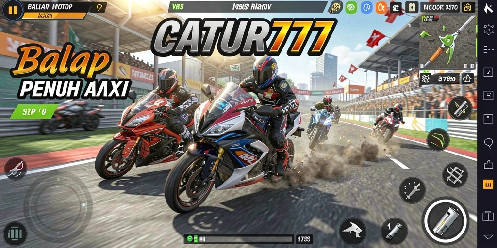 Screenshot gameplay CATUR777 menampilkan aksi balap motor yang mendebarkan.