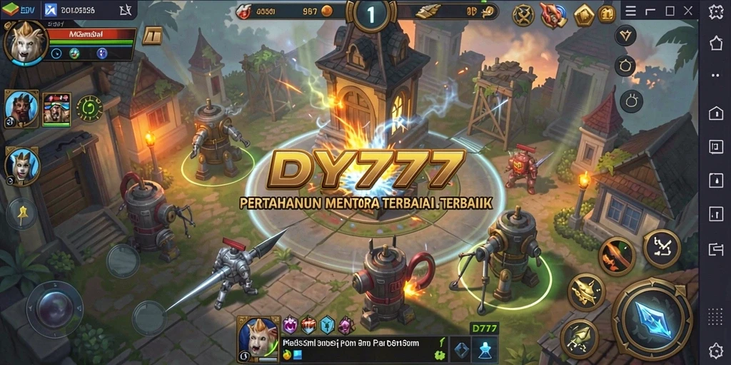 Screenshot utama DY777 menampilkan serangan menara yang epik.