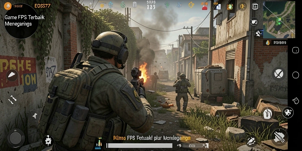 Tampilan gameplay menegangkan dalam EOS77 dengan aksi tembak-menembak.