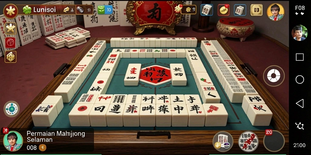 Screenshot F08 menampilkan suasana permainan Mahjong yang menarik.