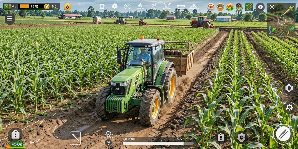 Tangkapan layar gameplay FO8 menampilkan suasana pertanian yang indah dan interaksi antar pemain.