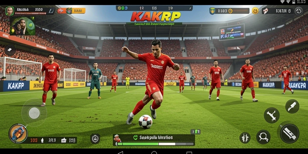 Screenshot dari gameplay KAKRP menampilkan momen mendebarkan di lapangan sepak bola.