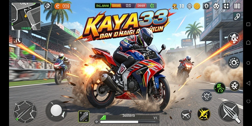Screenshot utama KAYA33 menampilkan aksi balapan motor yang mendebarkan.