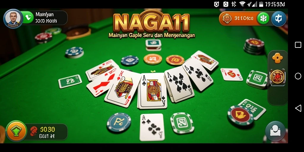 Screenshot gameplay NAGA11 menunjukkan suasana permainan Gaple yang mendebarkan.