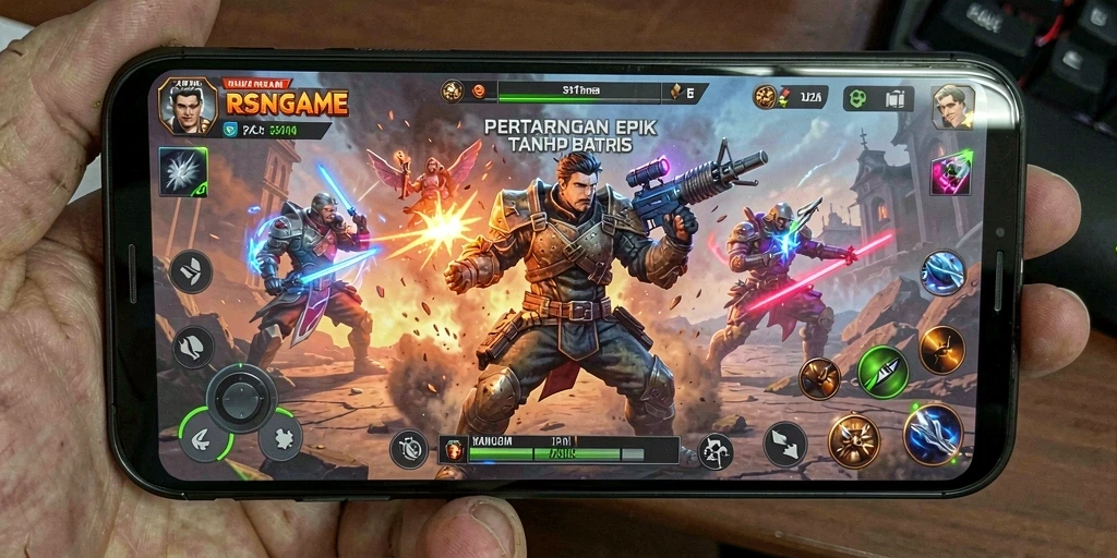 Tangkapan layar utama RSNGAME menunjukkan pertarungan menegangkan antara karakter-karakter unik.