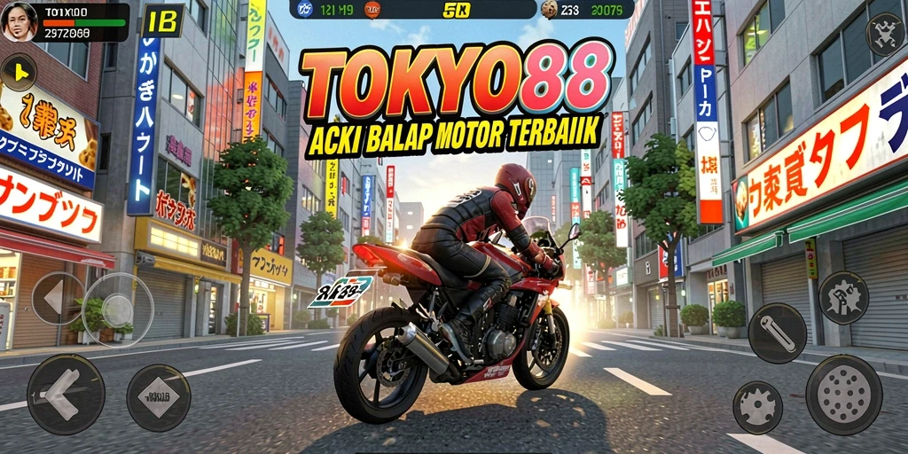 Tampilan gameplay seru dalam balapan sepeda motor di TOKYO88.