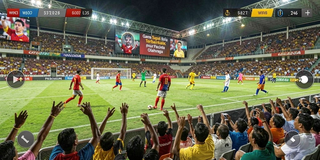 Tangkapan layar menunjukkan aksi seru dalam game sepak bola.